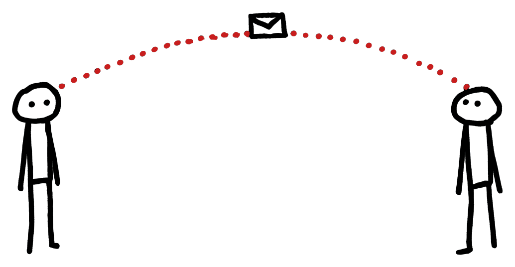 Two stick figures with a small packet travelling along a dotted line between them