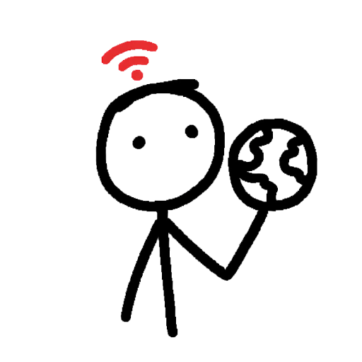 Stick figure holding a globe, with a Wi-Fi signal above its head
